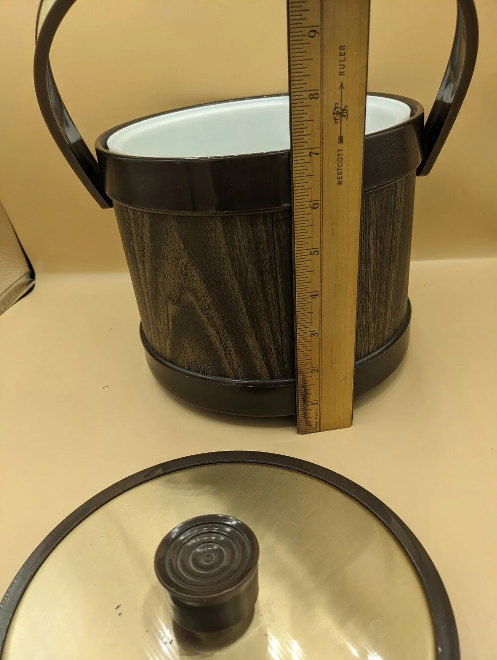 Vintage Atapco Ice Bucket Lid Handle Faux Wood Grain Faux Brass Accent Pre-owned